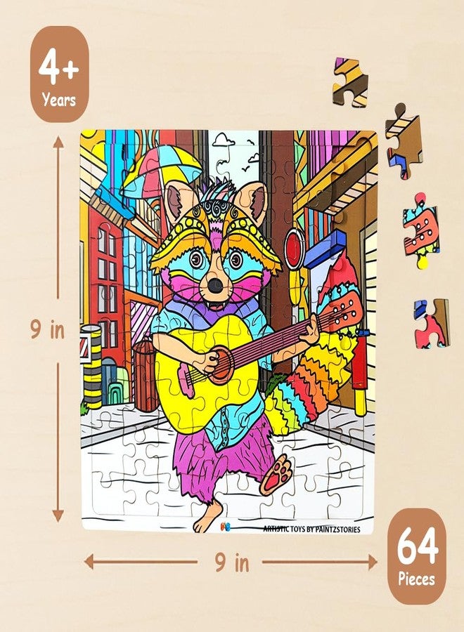 PAINTZSTORIES أحجية خشبية من PAINTZSTORIES على شكل راكون عازف جيتار | مجموعة واحدة من 64 قطعة | أحجية تعليمية لتنمية المهارات الإدراكية والحركية | هدية عيد ميلاد للأطفال | 4 سنوات فما فوق | الحجم 9 × 9 بوصة - Image 2